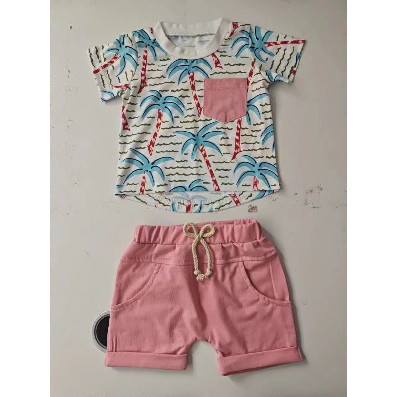 Wholesale Summer Leisure Rainforest Printed T-shirts and Shorts Cotton Baby Sets
